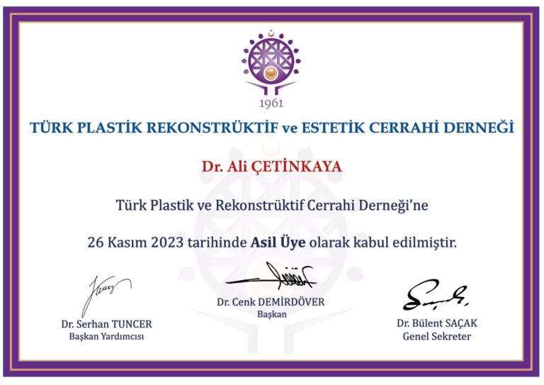 Türk Plastik, Rekonstrüktif ve Estetik Cerrahi Derneği asil üyelik belgesi