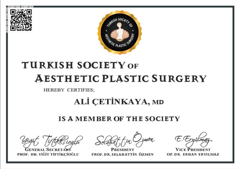 Turkish Society of Aesthetic Plastic Surgery üyelik belgesi