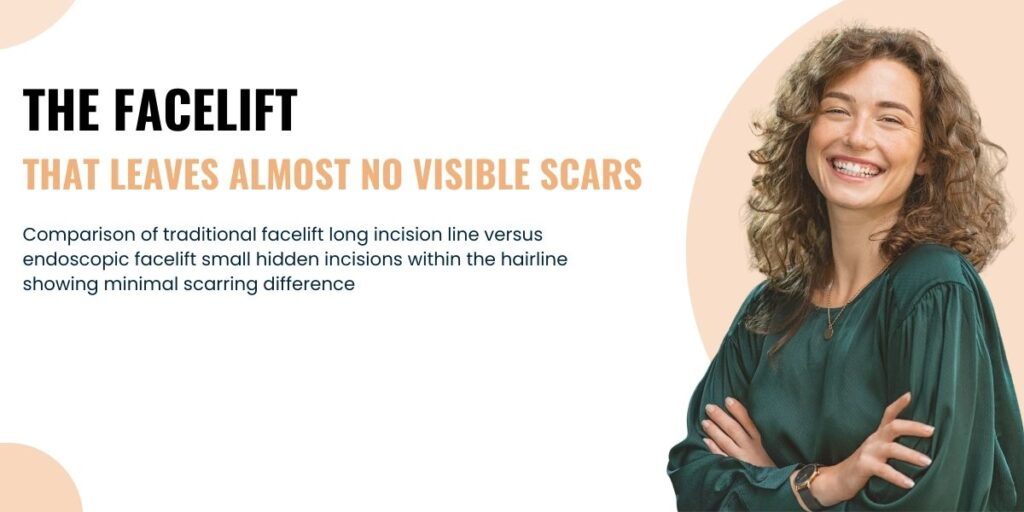 Comparison of traditional facelift long incision line versus endoscopic facelift small hidden incisions within the hairline showing minimal scarring difference