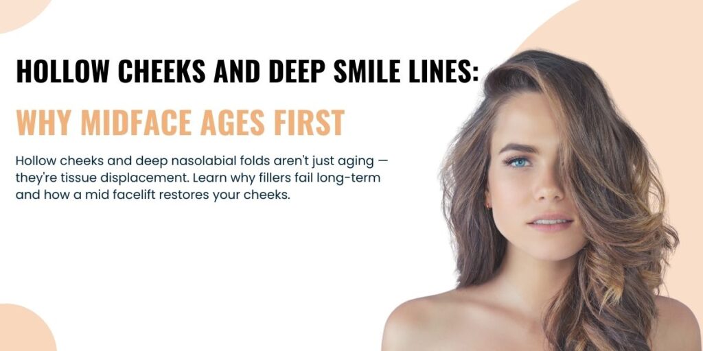 Hollow cheeks and deep nasolabial folds aren't just aging — they're tissue displacement. Learn why fillers fail long-term and how a mid facelift restores your cheeks.