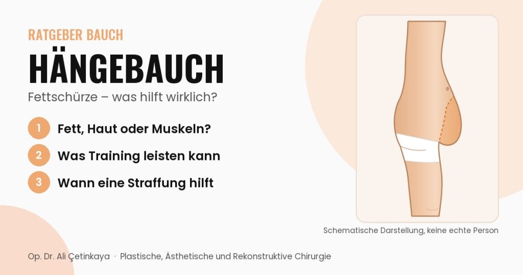 Seitliche Schemazeichnung eines Rumpfes mit hervorgehobener überhängender Haut-Fett-Falte am Unterbauch