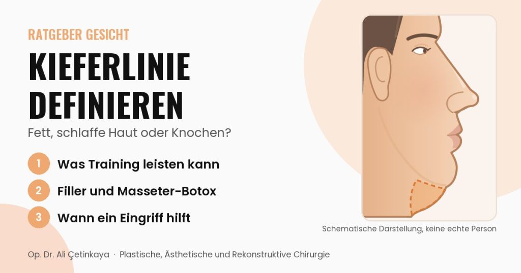 Seitliche Schemazeichnung eines Gesichtsprofils mit hervorgehobenem Fettpolster unter dem Kinn, das die Kieferlinie verdeckt