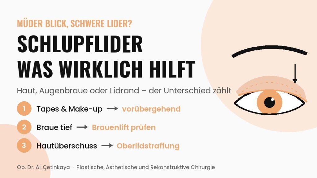 Schema eines Auges mit Schlupflid: überschüssige Haut hängt über die natürliche Lidfalte